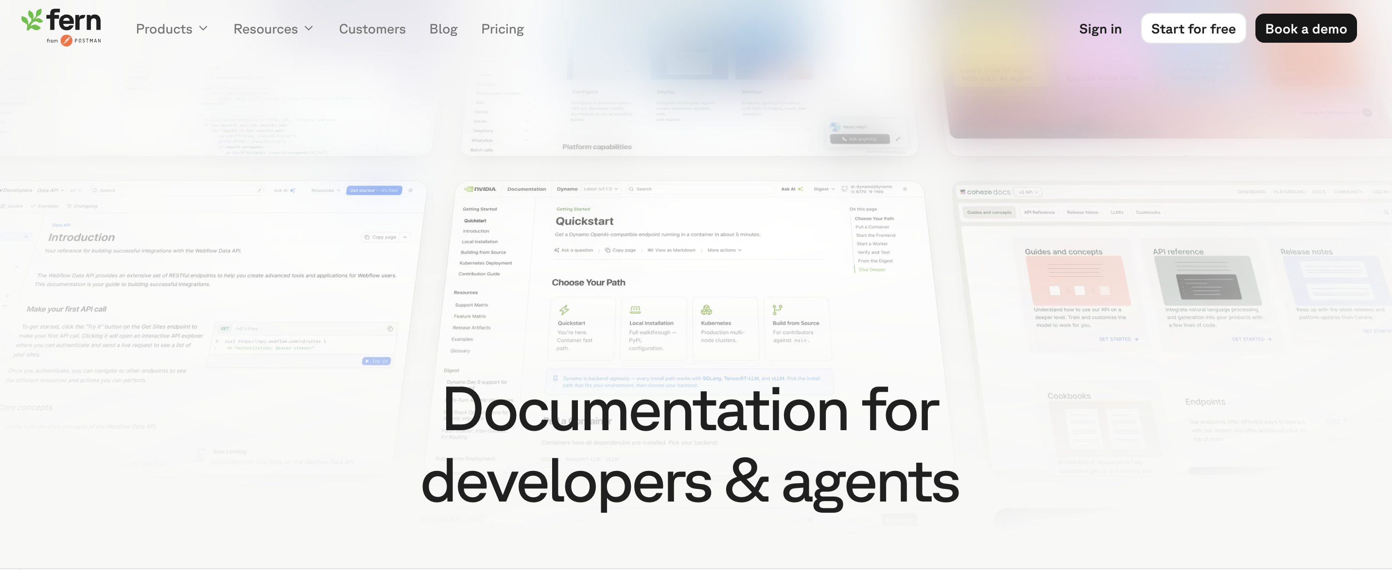 Fern homepage with the headline "Documentation for developers and agents" over generated documentation sites