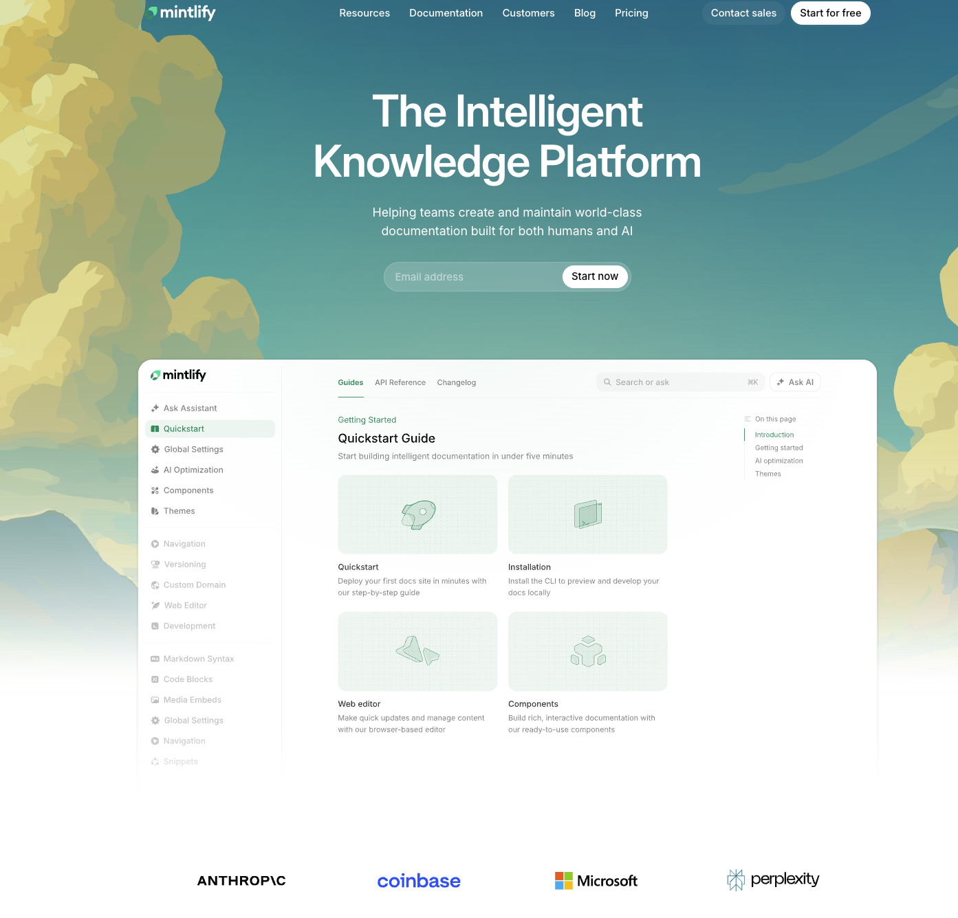 Mintlify homepage showing a documentation site with guides, API reference, and an Ask AI search bar