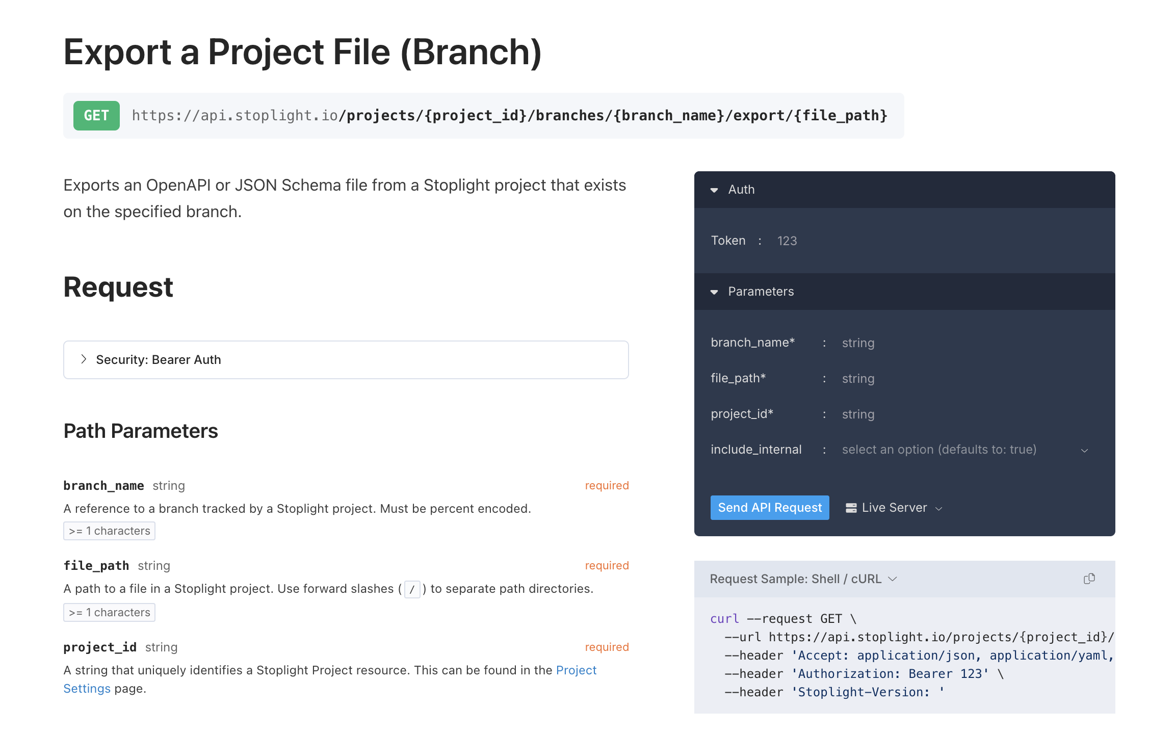 Stoplight API reference page for an export endpoint with path parameters, auth, and a try-it request panel