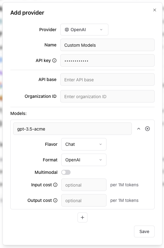 Add provider dialog in Braintrust